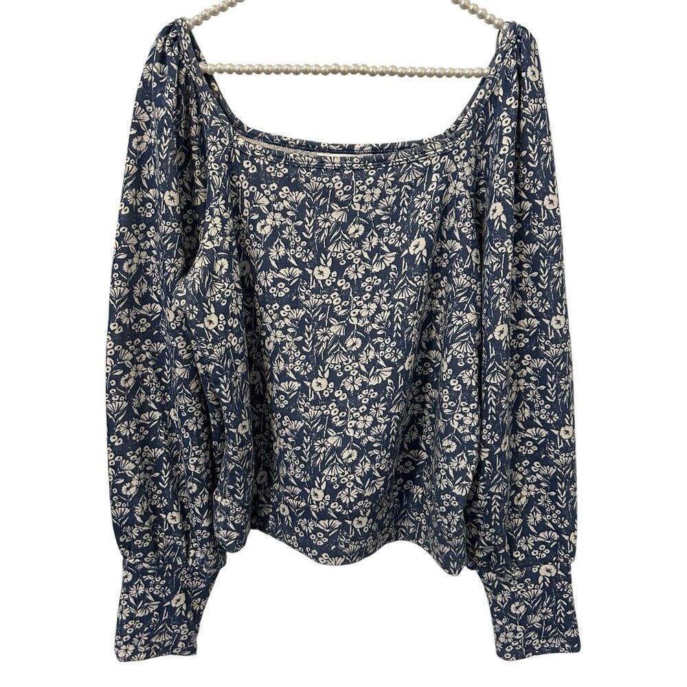 Off Shoulder Blue Floral Blouse Large Boho Peasant Puff Sleeve Festival Fairy